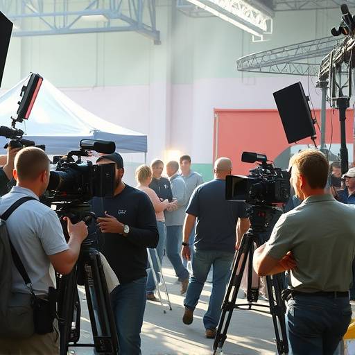 A busy film set with crew members working around cameras and equipment, representing on-set support services.