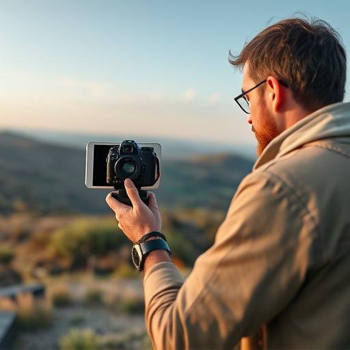 A location scout using a camera and tablet in a scenic outdoor location, representing location scouting services.