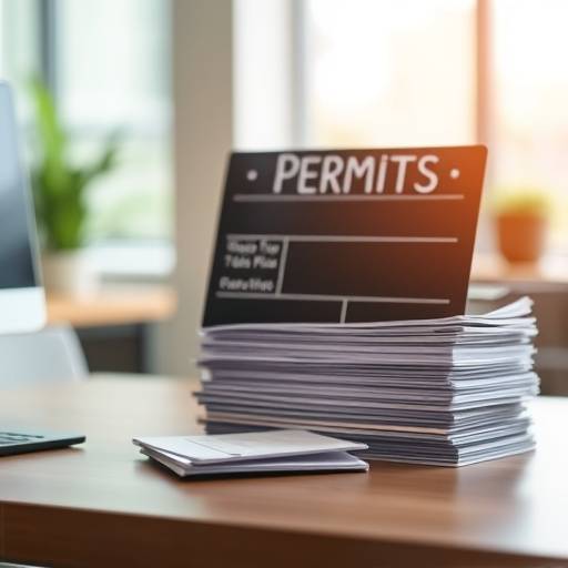 A stack of permits and legal documents on a desk with a film slate in the background, symbolizing permit acquisition services.