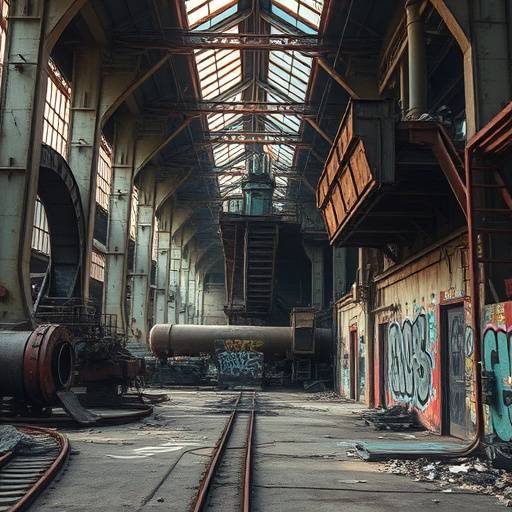 Abandoned industrial complex with rusty machinery and graffiti art, perfect for dystopian or post-apocalyptic films.