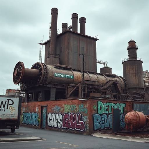 Abandoned industrial complex with rusty machinery and graffiti art on the outskirts of Detroit, Michigan, perfect for dystopian films.