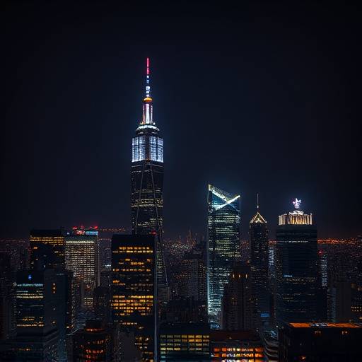 Dramatic cityscape at night with skyscrapers and bright lights in downtown Los Angeles, ideal for thrillers.