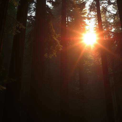Mysterious and dense forest with sunlight filtering through the trees in Redwood National Park, California, perfect for fantasy films.