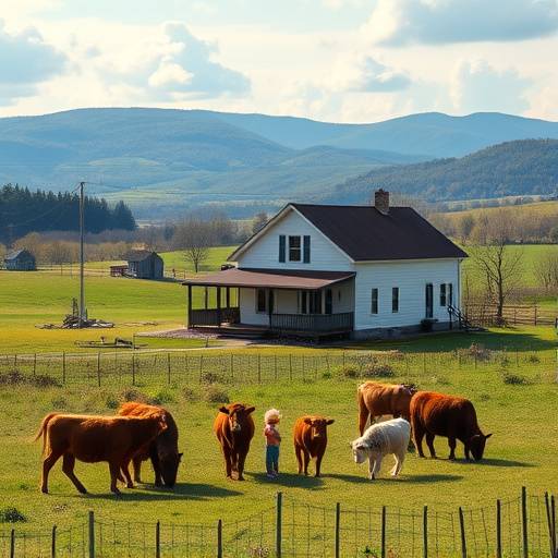 Quaint rural farmhouse surrounded by rolling green hills and grazing livestock in Vermont, ideal for family dramas.