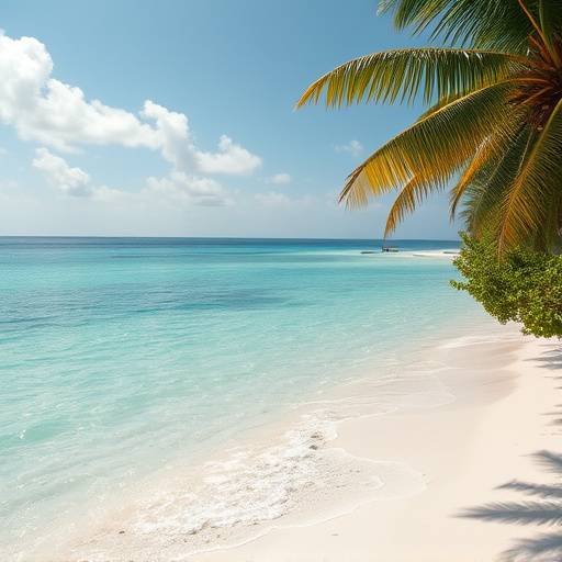Secluded tropical beach with turquoise water and white sand, ideal for romantic comedies or adventure films.