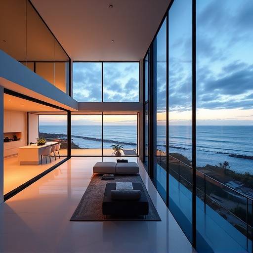 Sleek, modern house with floor-to-ceiling windows overlooking the ocean in Malibu, California, ideal for contemporary dramas.